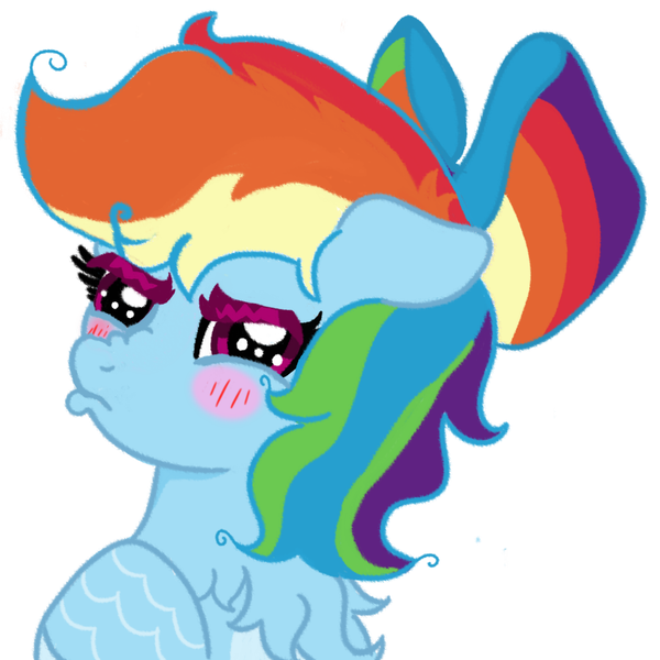 Size: 1000x1000 | Tagged: safe, artist:tigerbeetle, derpibooru import, rainbow dash, pegasus, pony, alternate design, blushing, bow, bust, chest fluff, derpibooru exclusive, embarrassed, female, flustered, image, looking at you, mare, multicolored hair, png, portrait, pouting, rainbow hair, simple background, solo, thick eyebrows, white background