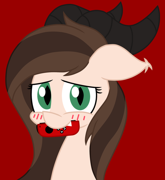 Size: 2130x2317 | Tagged: safe, artist:derpyalex2, derpibooru import, oc, unofficial characters only, pony, blushing, controller, digital art, horns, image, joycon, looking at you, nintendo, nintendo switch, png, simple background, solo