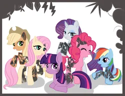 Size: 1300x1000 | Tagged: safe, artist:madokakoaki, derpibooru import, applejack, fluttershy, pinkie pie, rainbow dash, rarity, twilight sparkle, earth pony, pegasus, pony, unicorn, applejack's hat, cowboy hat, eyes closed, eyeshadow, female, freckles, hat, image, lying down, makeup, mane six, mare, open mouth, png, prone, sitting, tattoo, unicorn twilight