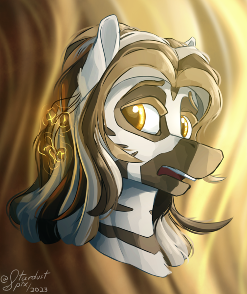 Size: 3200x3800 | Tagged: safe, artist:stardustspix, derpibooru import, oc, oc:amatshe, pony, zebra, bust, glow, image, male, png, portrait, rock, solo, stallion, zebra oc