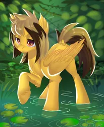 Size: 2800x3400 | Tagged: safe, alternate version, artist:xvostik, derpibooru import, ponified, pegasus, pony, alex gaskarth, all time low, commission, dyed mane, dyed tail, ear fluff, folded wings, hoof fluff, image, lilypad, male, outdoors, png, pond, raised hoof, solo, stallion, standing, tail, tail feathers, water, wings, ych result