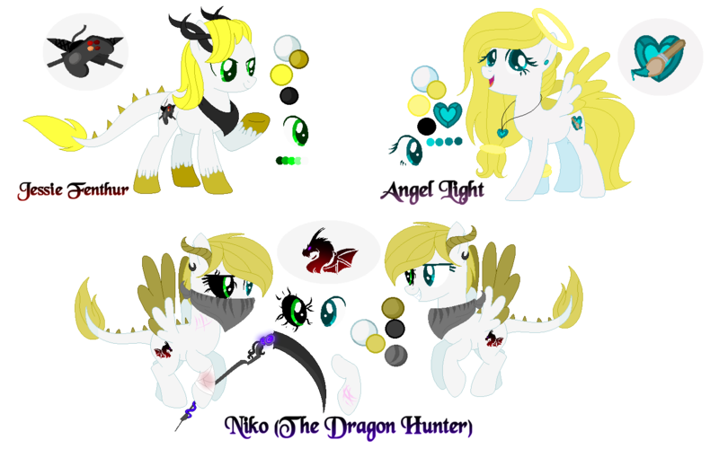 Size: 1406x878 | Tagged: safe, artist:angellightyt, derpibooru import, oc, unofficial characters only, dracony, dragon, hybrid, pony, bandana, base used, colored wings, eyelashes, female, halo, horns, image, jewelry, male, mare, necklace, png, reference sheet, scythe, simple background, stallion, transparent background, two toned wings, underhoof, unshorn fetlocks, wings