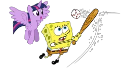 Size: 1920x1080 | Tagged: safe, artist:thxfan2022, derpibooru import, twilight sparkle, twilight sparkle (alicorn), alicorn, bat, pony, baseball, crossover, female, image, male, nickelodeon, png, simple background, sponge, spongebob squarepants, spongebob squarepants (character), sports, swinging, transparent background