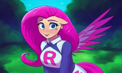 Size: 1280x768 | Tagged: safe, derpibooru import, machine learning generated, pony diffusion, stable diffusion, fluttershy, anthro, ai content, anime, blue eyes, clothes, cosplay, costume, female, image, jpeg, looking at you, pokémon, solo, spread wings, team rocket, wings