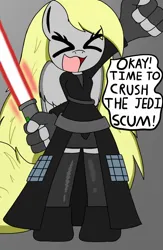 Size: 1280x1963 | Tagged: safe, artist:tenebrousmelancholy, derpibooru import, derpy hooves, anthro, pegasus, unguligrade anthro, 2023, clothes, crossover, digital art, fanart, female, gray background, image, jpeg, lightsaber, may the fourth be with you, simple background, sith, solo, star wars, weapon