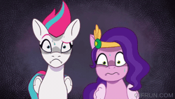 Size: 520x293 | Tagged: safe, derpibooru import, screencap, pipp petals, zipp storm, pegasus, pony, g5, my little pony: tell your tale, spoiler:tyts01e51, animated, duo, gif, glare, has had enough, image, mare family mare problems, pointing, unamused, zipp storm is not amused