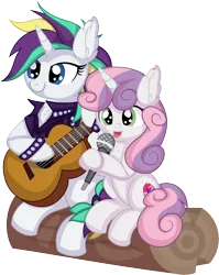 Size: 6442x8087 | Tagged: safe, artist:cyanlightning, derpibooru import, rarity, sweetie belle, pony, unicorn, .svg available, absurd resolution, duo, female, filly, foal, guitar, image, log, mare, microphone, musical instrument, png, siblings, simple background, sisters, sitting, transparent background, vector