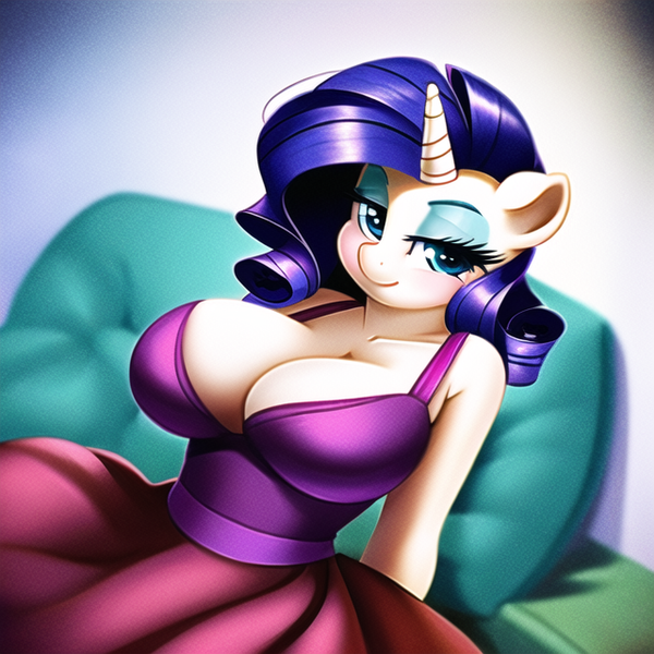 Size: 640x640 | Tagged: suggestive, derpibooru import, machine learning generated, novelai, stable diffusion, rarity, anthro, ai content, bed, bedroom, bedroom eyes, big breasts, breasts, busty rarity, cleavage, clothes, dress, female, image, looking at you, png, smiling, solo