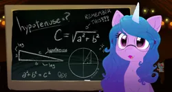 Size: 2100x1125 | Tagged: safe, artist:rainbow eevee, derpibooru import, izzy moonbow, pony, unicorn, g5, algebra, angle, chalk, chalkboard, circle, cute, cutie mark, female, geometry, glasses, gradient mane, hypotenuse, image, izzybetes, magenta eyes, math, open mouth, png, presentation, pythagorean theorem, round glasses, scene interpretation, solo