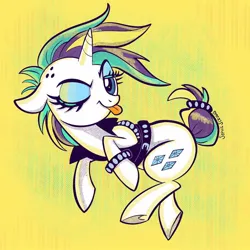 Size: 1440x1440 | Tagged: safe, artist:sophillia, derpibooru import, rarity, pony, unicorn, alternate hairstyle, bracelet, clothes, floppy ears, image, jpeg, lidded eyes, looking at you, one eye closed, punk, raripunk, raspberry, short tail, smiling, solo, spiked wristband, tail, tongue out, underhoof, vest, wink, winking at you, wristband