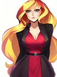 Size: 1020x1360 | Tagged: safe, derpibooru import, editor:sammykun, machine learning generated, stable diffusion, sunset shimmer, human, equestria girls, ai content, balenciaga meme, belt, breasts, cheekbones, clothes, dress, humanized, image, lips, looking at you, meme, model, png, red dress, serious, serious face, suit
