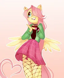 Size: 1066x1280 | Tagged: safe, artist:anotherdeadrat, derpibooru import, fluttershy, anthro, pegasus, choker, clothes, draw this in your style, dtiys emoflat, fishnets, grin, hair over one eye, heart, image, jpeg, skirt, smiling, solo, spiked choker, spread wings, wings