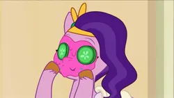 Size: 2224x1251 | Tagged: safe, derpibooru import, pipp petals, pegasus, g5, my little pony: tell your tale, spoiler:g5, cucumber, food, image, jpeg, lying down, mud mask, spa