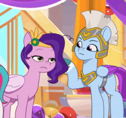 Size: 562x526 | Tagged: safe, derpibooru import, screencap, pipp petals, zipp storm, pegasus, pony, g5, my little pony: tell your tale, spoiler:g5, spoiler:my little pony: tell your tale, spoiler:tyts01e51, animated, cropped, duo focus, female, gif, guardsmare, hand mirror, image, mare, mare family mare problems, mirror, pegasus royal guard, royal guard, zoom zephyrwing