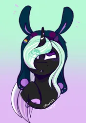 Size: 556x790 | Tagged: safe, artist:marble.coffe, derpibooru import, oc, oc:star pierce, demon, demon pony, original species, pony, unicorn, blushing, bracelet, bunny ears, bust, devil horns, eye clipping through hair, female, filly, foal, hat, horn, horns, image, jewelry, looking up, paw pads, pin, png, two toned mane, unshorn fetlocks, watermark