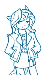 Size: 519x887 | Tagged: safe, artist:spectralunicorn, derpibooru import, sunset shimmer, anthro, clothes, drink, female, hand in pocket, image, jacket, lineart, monochrome, pepsi, png, skirt, soda, solo