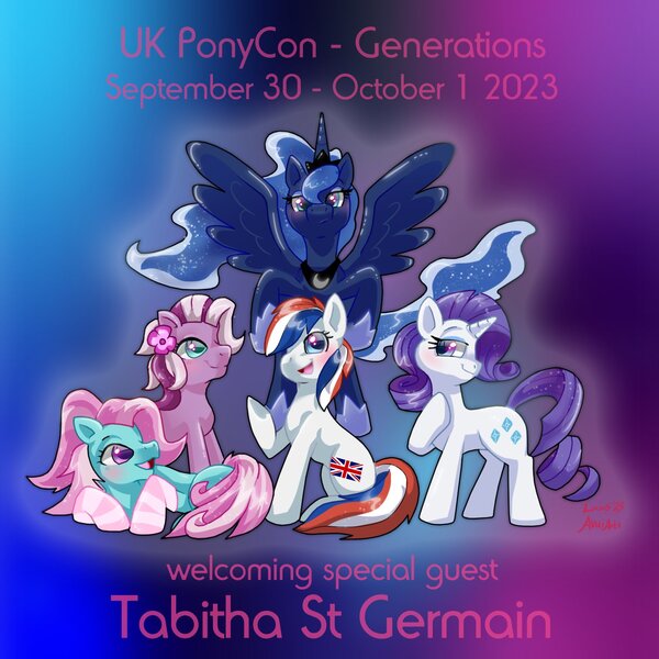 Size: 1516x1516 | Tagged: safe, artist:ukponycon, derpibooru import, minty, princess luna, rarity, wysteria, oc, oc:britannia (uk ponycon), ponified, pony, g3, image, jpeg, mascot, nation ponies, tabitha st. germain, uk ponycon, united kingdom