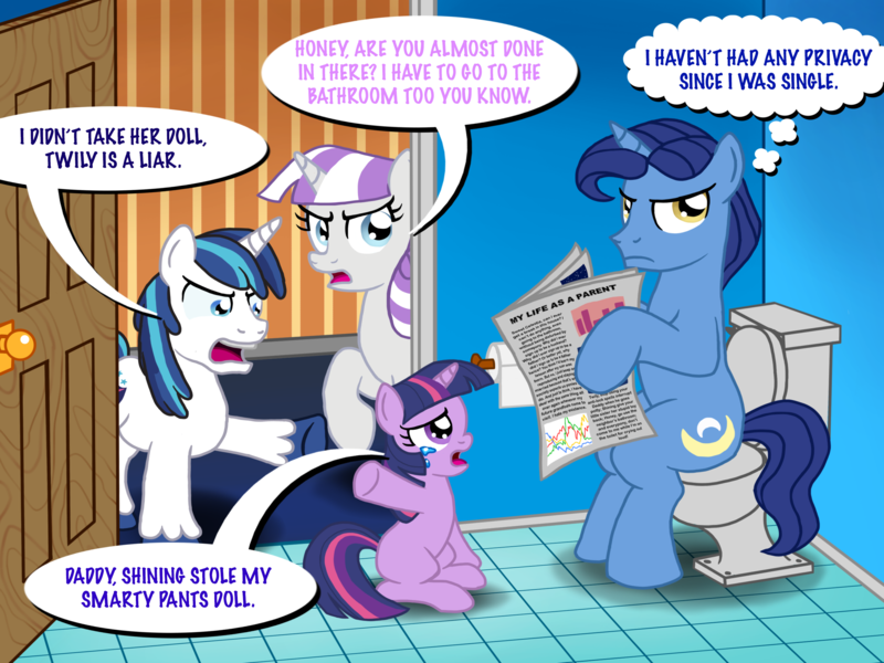 Size: 2695x2022 | Tagged: safe, anonymous artist, derpibooru import, night light, shining armor, twilight sparkle, twilight velvet, pony, unicorn, argument, but why, colt, colt shining armor, crying, father and child, father and daughter, father and son, female, filly, filly twilight sparkle, husband and wife, image, implied pooping, interrupted, male, mother and child, mother and daughter, mother and son, newspaper, png, speech bubble, text, thought bubble, toilet, younger