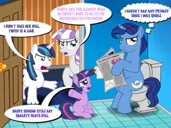 Size: 2695x2022 | Tagged: safe, anonymous artist, derpibooru import, night light, shining armor, twilight sparkle, twilight velvet, pony, unicorn, argument, but why, colt, colt shining armor, crying, father and child, father and daughter, father and son, female, filly, filly twilight sparkle, husband and wife, image, implied pooping, interrupted, male, mother and child, mother and daughter, mother and son, newspaper, png, speech bubble, text, thought bubble, toilet, younger