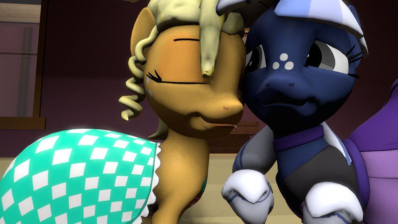 Size: 1280x720 | Tagged: safe, artist:venomwolf, derpibooru import, applejack, oc, oc:silverlay, earth pony, pony, unicorn, 3d, applejewel, appleloosa, canon x oc, clothes, date night, dress, duo, eyes closed, female, freckles, happy, image, lesbian, nuzzling, png, shipping, silverjack