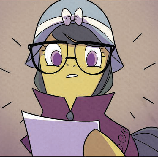 Size: 532x530 | Tagged: safe, derpibooru import, idw, a.k. yearling, daring do, pegasus, pony, spoiler:comic, bow, emanata, female, glasses, hat, image, mare, my little pony classics reimagined: little fillies, paper, png, solo