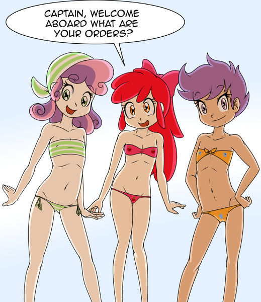 Size: 2016x2332 | Tagged: questionable, artist:anibaruthecat, banned from derpibooru, ponybooru import, apple bloom, scootaloo, sweetie belle, human, bikini, breasts, clothes, cropped, cutie mark crusaders, delicious flat chest, female, humanized, image, lolicon, looking at you, png, small breasts, speech bubble, swimsuit, underage