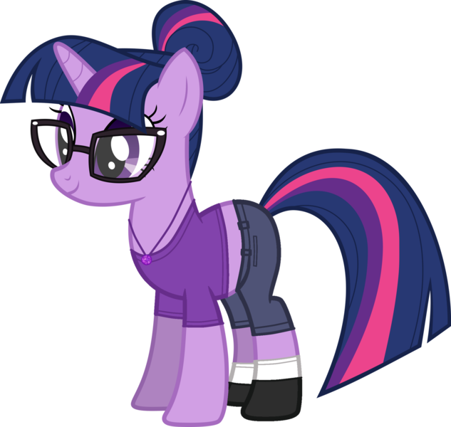 Size: 1920x1821 | Tagged: safe, artist:edy_january, derpibooru import, sci-twi, twilight sparkle, pony, unicorn, balenciaga, balenciaga fashion show 2023, clothes, denim, fashion, fashion show, geode of telekinesis, glasses, image, jeans, jewelry, link in description, magical geodes, new york, new york style, outfit, pants, png, purple shirt, sexy, shirt, shoes, short pants, simple background, socks, solo, t-shirt, the twilly rave, transparent background, united states