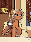 Size: 111x150 | Tagged: safe, artist:amymebberson, derpibooru import, idw, unnamed character, unnamed pony, earth pony, pony, g5, spoiler:comic, spoiler:g5comic, spoiler:g5comic12, bag, coffee, coffee shop, cropped, doors, female, image, mare, maretime bay, official comic, png, sash, shopping bag