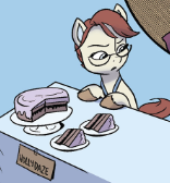 Size: 156x168 | Tagged: safe, artist:amymebberson, derpibooru import, idw, earth pony, pony, g5, spoiler:comic, spoiler:g5comic, spoiler:g5comic12, cake, cropped, curtains, female, food, glasses, image, mare, official comic, png