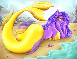 Size: 5421x4171 | Tagged: suggestive, alternate version, artist:mailner, derpibooru import, oc, unofficial characters only, anthro, mermaid, merpony, absurd resolution, beach, big breasts, blushing, bra, breasts, clothes, commission, cute, erect nipples, female, fish tail, image, looking at you, looking back, looking back at you, makeup, mermaid tail, mermaidized, nipple outline, png, sexy, solo, solo female, species swap, swimsuit, tail, underwear