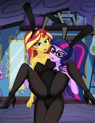 Size: 2429x3155 | Tagged: suggestive, artist:danielitamlp, derpibooru import, sunset shimmer, twilight sparkle, equestria girls, bunny suit, clothes, comic, duo, duo female, female, image, jpeg, leotard, playboy bunny, playboy bunny sunset shimmer, playboy bunny twilight sparkle