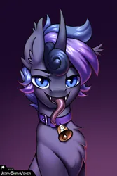 Size: 2000x3000 | Tagged: safe, artist:jedayskayvoker, derpibooru import, oc, oc:voidmoon, hybrid, pony, unicorn, bell, bust, chest fluff, collar, curved horn, ear fluff, fangs, fluffy, gradient background, horn, hybrid oc, icon, image, long tongue, looking at you, male, one ear down, patreon, patreon reward, png, portrait, slit pupils, solo, stallion, tongue out, unicorn oc
