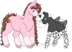 Size: 1989x1451 | Tagged: safe, artist:luna_mcboss, derpibooru import, oc, oc:double stuff, oc:yamire, unofficial characters only, clydesdale, earth pony, pegasus, pony, blaze (coat marking), blue eyes, brown mane, coat markings, earth pony oc, facial markings, feathered fetlocks, feathered wings, flower, folded wings, glasses, gray coat, hair tie, image, mottled coat, music notes, pegasus oc, pink coat, png, pony oc, raised leg, rose, simple background, socks (coat marking), stocking feet, tail, tail bun, white background, white mane, wings