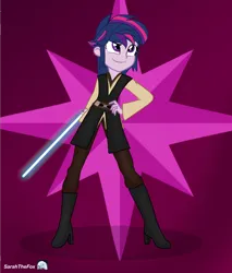 Size: 2550x3000 | Tagged: safe, artist:sarahthefox97, derpibooru import, twilight sparkle, equestria girls, alternate hairstyle, belt, boots, clothes, crossover, female, high heel boots, image, jedi, lightsaber, may the fourth be with you, pants, png, robes, shirt, shoes, solo, star wars, weapon