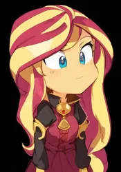 Size: 448x640 | Tagged: safe, derpibooru import, editor:luckreza8, machine learning generated, sunset shimmer, human, equestria girls, :i, ai content, anime, black background, female, generator:pinegraph, image, png, simple background, solo