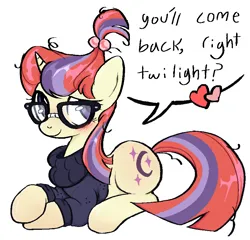 Size: 862x827 | Tagged: safe, artist:muffinz, derpibooru import, moondancer, twilight sparkle, pony, unicorn, blushing, clothes, crush, cute, dialogue, female, glasses, image, implied shipping, lesbian, lying down, messy mane, multicolored mane, png, prone, sad, shipping, simple background, solo, sweater, text, twidancer, white background
