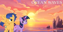 Size: 2064x1072 | Tagged: safe, artist:chainchomp2 edits, artist:estories, artist:not-yet-a-brony, derpibooru import, edit, flash sentry, twilight sparkle, twilight sparkle (alicorn), alicorn, pegasus, pony, 2023, beach, cloud, female, friends, friendship, image, looking at each other, looking at someone, male, mare, may, movie reference, ocean, ocean waves, png, rock, smiling, smiling at each other, stallion, studio ghibli, sun, sunrise, sunset, walking, water, youtube link in the description