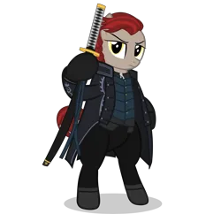 Size: 8192x7923 | Tagged: safe, artist:duskyzombie, derpibooru import, oc, oc:lawkeeper equity, unofficial characters only, pony, absurd resolution, belt, bipedal, clothes, coat, elements of justice, female, image, jacket, looking at you, mare, png, robe, simple background, solo, sword, transparent background, vector, vergil (devil may cry), weapon, yamato (devil may cry)