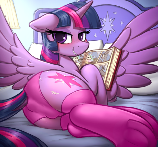 Size: 3815x3548 | Tagged: questionable, alternate version, artist:selenophile, derpibooru import, twilight sparkle, twilight sparkle (alicorn), alicorn, pony, art pack:forbidden knowledge, anatomically correct, anus, blushing, book, butt, clitoris, clothes, dock, female, floppy ears, horn, image, looking at you, looking back, looking back at you, mane, mare, nudity, open mouth, panties, plot, png, ponut, presenting, socks, solo, solo female, spread wings, stockings, tail, thigh highs, underwear, vulva, vulvar winking, wet panties, wings