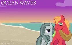 Size: 2064x1278 | Tagged: safe, artist:dashiesparkle, artist:jhayarr23, artist:not-yet-a-brony, derpibooru import, big macintosh, marble pie, earth pony, pony, 2023, beach, bittersweet, female, friends, friendship, heartwarming, honorary cousin, image, implied shipping, implied sugarmac, looking at each other, looking at someone, male, mare, may, movie reference, ocean, ocean waves, png, ship sinking, smiling, smiling at each other, stallion, studio ghibli, sunrise, sunset, walking, water, youtube link in the description