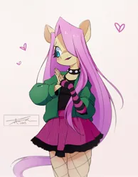 Size: 1593x2048 | Tagged: safe, artist:mindlessnik, derpibooru import, fluttershy, anthro, pegasus, choker, clothes, cute, draw this in your style, dtiys emoflat, evening gloves, female, fingerless elbow gloves, fingerless gloves, fishnets, gloves, gradient background, hair over one eye, hands together, heart, image, jpeg, long gloves, mare, open mouth, open smile, plaid skirt, shyabetes, skirt, smiling, solo, spiked choker, striped gloves