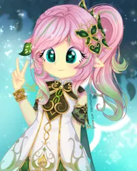 Size: 598x748 | Tagged: safe, artist:fluttershy_art.nurul, derpibooru import, fluttershy, human, equestria girls, anime, beautiful, bracelet, clothes, cosplay, costume, cute, genshin impact, green eyes, hair physics, image, jewelry, leaf, pink hair, png, ponytail, shine, solo, yellow skin