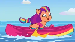 Size: 2160x1215 | Tagged: safe, derpibooru import, screencap, sunny starscout, earth pony, pony, g5, my little pony: tell your tale, spoiler:g5, spoiler:my little pony: tell your tale, spoiler:tyts01e18, boat, female, image, mare, ocean, on your cutie marks, png, solo, water, whistle