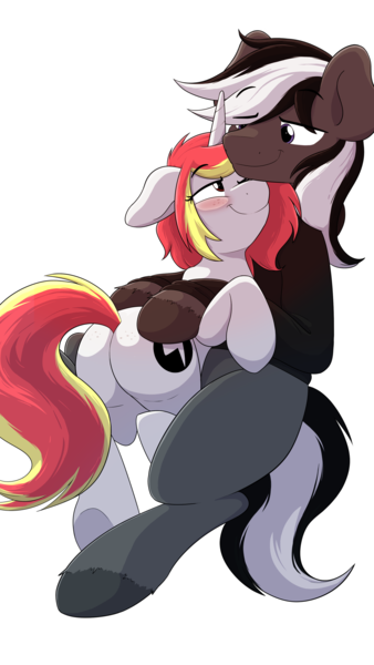 Size: 2160x3840 | Tagged: safe, artist:ljdamz1119, derpibooru import, oc, oc:kenn, oc:lazy sunday, unofficial characters only, earth pony, pony, unicorn, clothes, cuddling, earth pony oc, female, hoodie, horn, image, male, mare, png, simple background, stallion, transparent background, unicorn oc