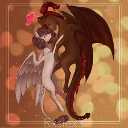 Size: 900x900 | Tagged: artist needed, safe, derpibooru import, oc, oc:raevyn, oc:whiskey dreams, unofficial characters only, demon, demon pony, incubus, incubus pony, original species, pegasus, eye contact, floating, image, looking at each other, looking at someone, love, png, simple background