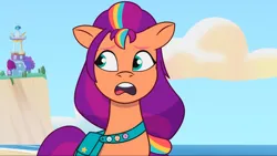 Size: 2160x1215 | Tagged: safe, derpibooru import, screencap, sunny starscout, earth pony, pony, g5, my little pony: tell your tale, spoiler:g5, spoiler:my little pony: tell your tale, spoiler:tyts01e18, beach, cliff, crystal brighthouse, cute, female, image, mare, on your cutie marks, open mouth, png, solo, sunny sadscout, sunnybetes, upset