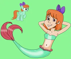 Size: 1077x890 | Tagged: safe, artist:ocean lover, derpibooru import, peppermint goldylinks, human, mermaid, pegasus, arm behind head, background character, bandeau, bare midriff, bare shoulders, belly, belly button, bow, brown hair, cute, fins, fish tail, friendship student, green background, hair bow, human coloration, humanized, image, leaning, light skin, looking at you, mermaid tail, mermaidized, mermay, midriff, ms paint, pink eyes, png, reference, short hair, simple background, sitting, sleeveless, smiling, species swap, tail, tail fin, teenager