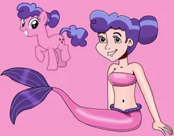Size: 936x733 | Tagged: safe, artist:ocean lover, derpibooru import, berry blend, berry bliss, earth pony, human, mermaid, background character, bandeau, bare midriff, bare shoulders, belly, belly button, cute, fins, fish tail, friendship student, hair bun, human coloration, humanized, image, light skin, looking at you, mermaid tail, mermaidized, mermay, midriff, ms paint, pink background, png, purple eyes, purple hair, reference, simple background, sitting, sleeveless, smiling, smiling at you, species swap, tail, tail fin, teenager, two toned hair