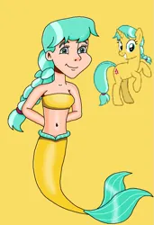 Size: 663x968 | Tagged: safe, artist:ocean lover, derpibooru import, citrine spark, fire quacker, human, mermaid, unicorn, background character, bandeau, bare midriff, bare shoulders, belly, belly button, cute, fins, fish tail, friendship student, hair braid, human coloration, humanized, image, light skin, looking at you, mermaid tail, mermaidized, mermay, midriff, ms paint, png, reference, simple background, sleeveless, smiling, smiling at you, species swap, tail, tail fin, teal eyes, teenager, two toned hair, yellow background