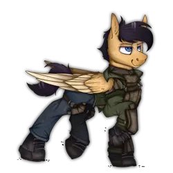 Size: 2300x2300 | Tagged: safe, alternate version, artist:molars, derpibooru import, oc, oc:lockheed venture, pegasus, pony, armor, blue eyes, boots, clothes, commission, denim, digital art, folded wings, image, jacket, jeans, pants, png, raised leg, shoes, smug, walking, wings